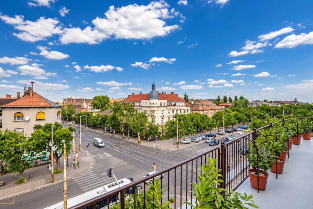 Balcony view over central Budapest rooftops